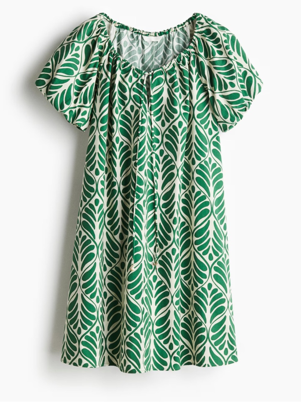 H&M Green Leaf Print Puff-Sleeve 💯 Cotton Dress